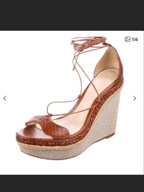 Alexandre Birman Tan Brown Leather Espadrille Wedge Sandals with Ankle Wrap
